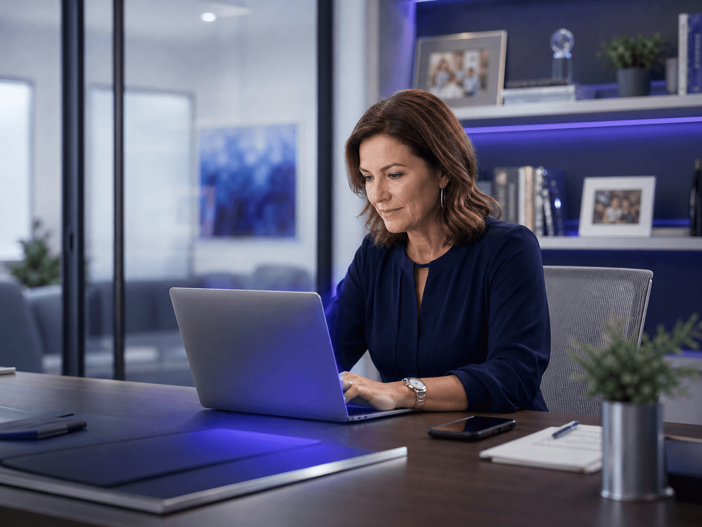 Care home admissions director reviewing inquiries at a laptop
