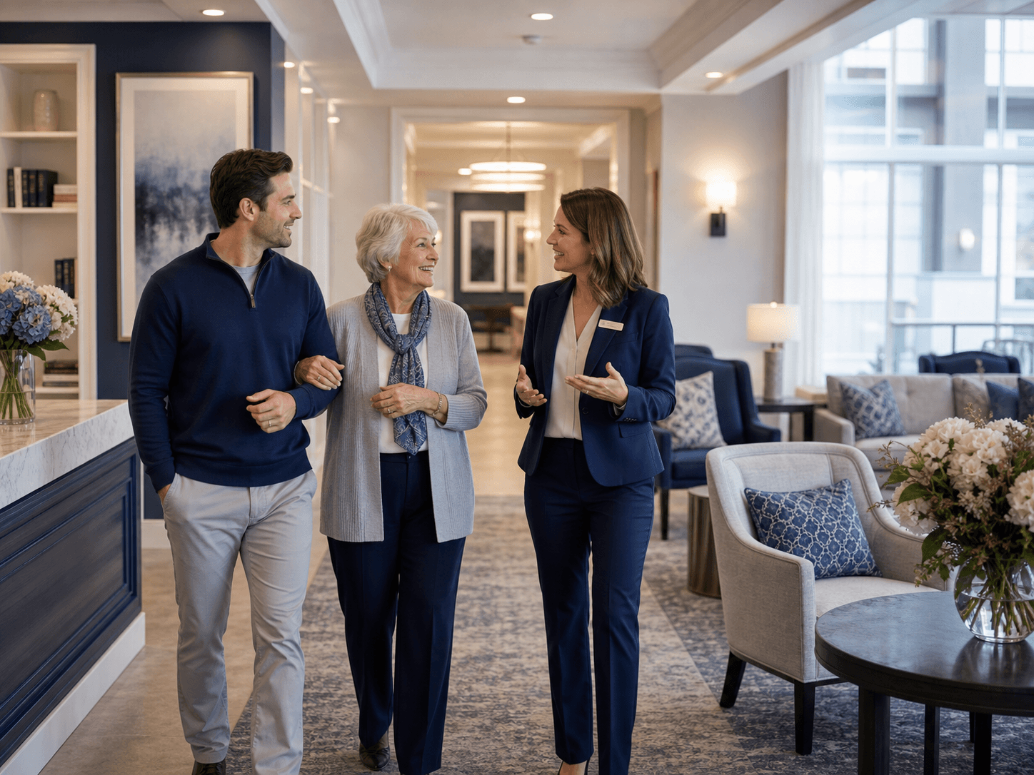 A family touring a senior living community with an admissions director